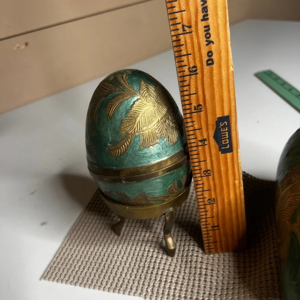Vintage Brass Green Enamel Floral Set Egg Trinket Box Vase and Scalloped Tray